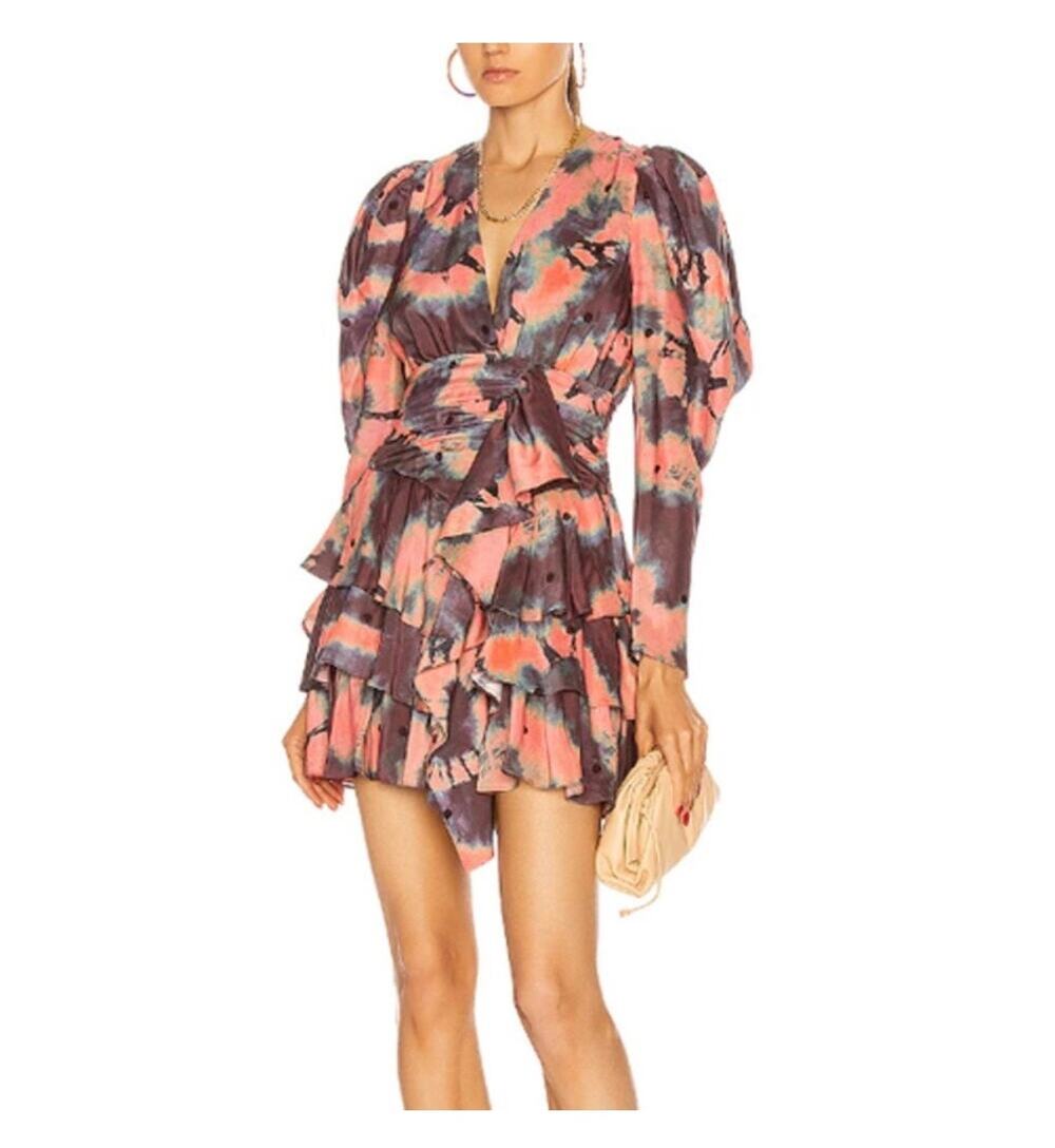 Ulla Johnson Semira Rosewood Tie Dye Puff Long Sleeve Ruffled Silk Mini Dress 10